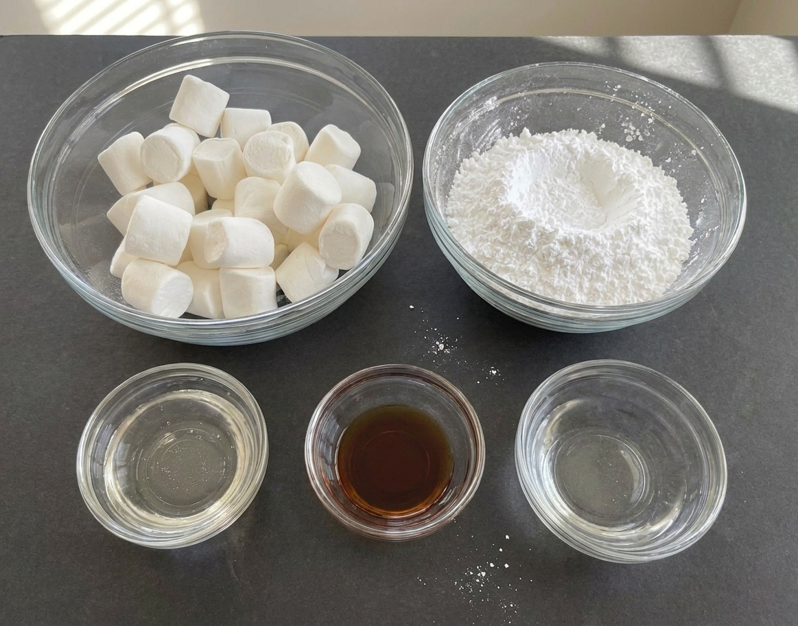 Powdered sugar, mini marshmallows, corn syrup, vanilla extract, and a bowl of water measured out on a tidy kitchen counter