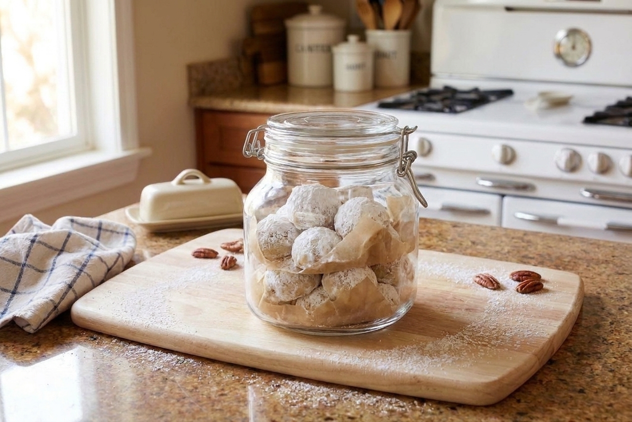 Powdered sugar snowball cookies stored in a clear airtight container with parchment paper between layers on a kitchen counter