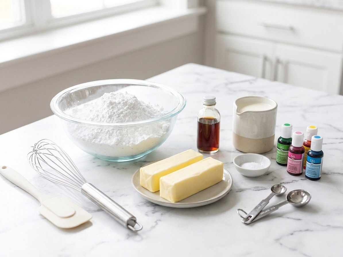 Powdered sugar, softened butter, vanilla extract, heavy cream, salt, and gel food coloring arranged on a clean kitchen counter