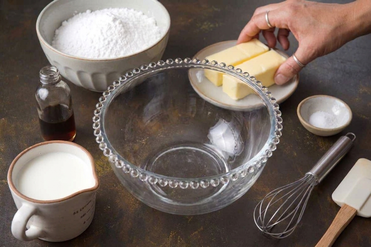 Powdered sugar, softened butter, vanilla extract, milk, and a pinch of salt arranged beside a mixing bowl on a kitchen counter