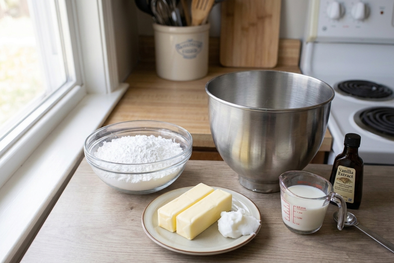Powdered sugar, softened butter, vegetable shortening, vanilla, and milk measured out on a light kitchen counter next to a large mixing bowl