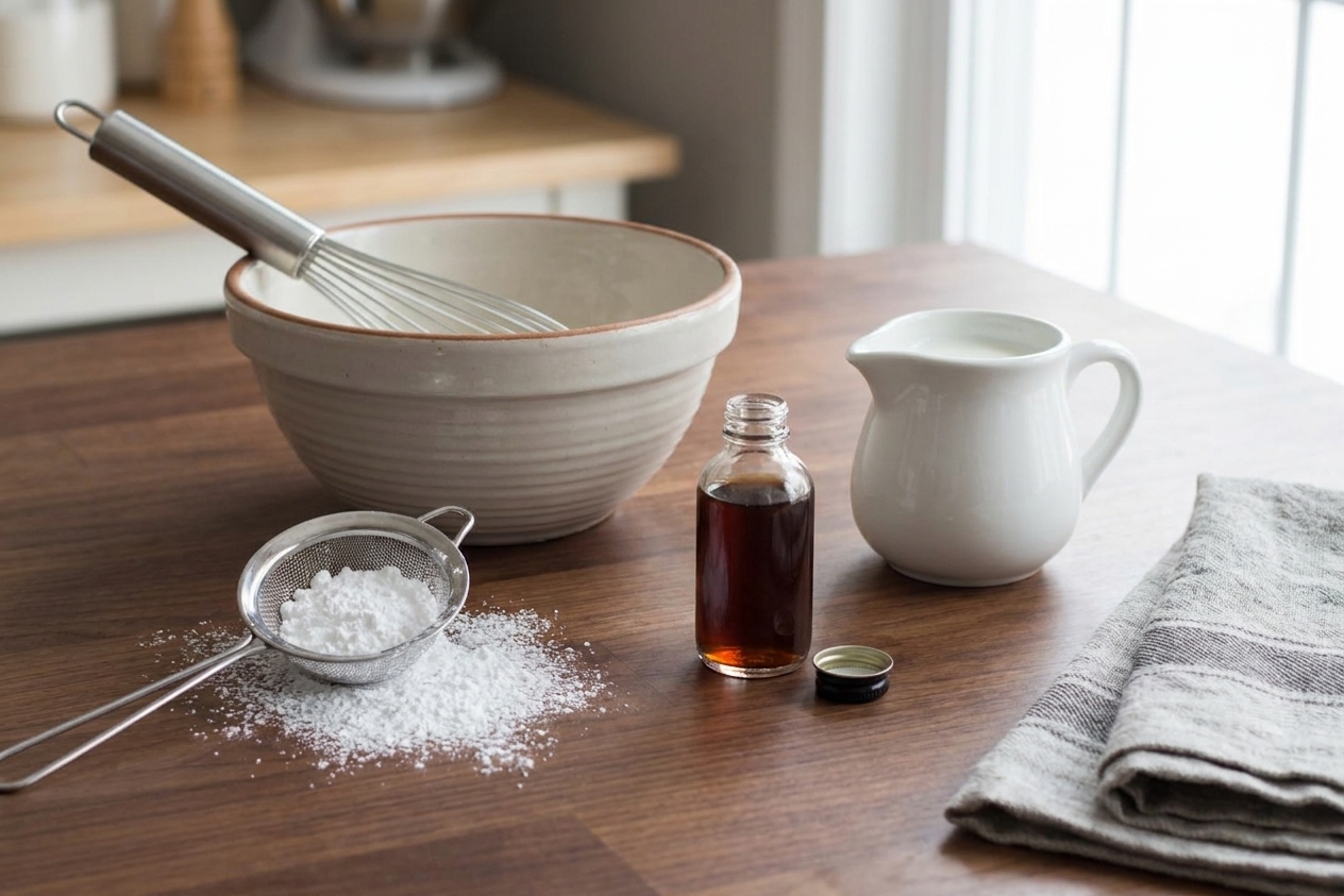 Powdered sugar, vanilla extract, and a small pitcher of milk arranged beside a mixing bowl on a clean kitchen counter