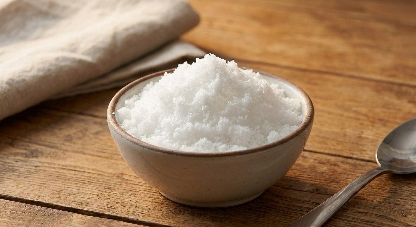 Prepared instant snow that looks fluffy and holds its shape in a small bowl on a kitchen counter