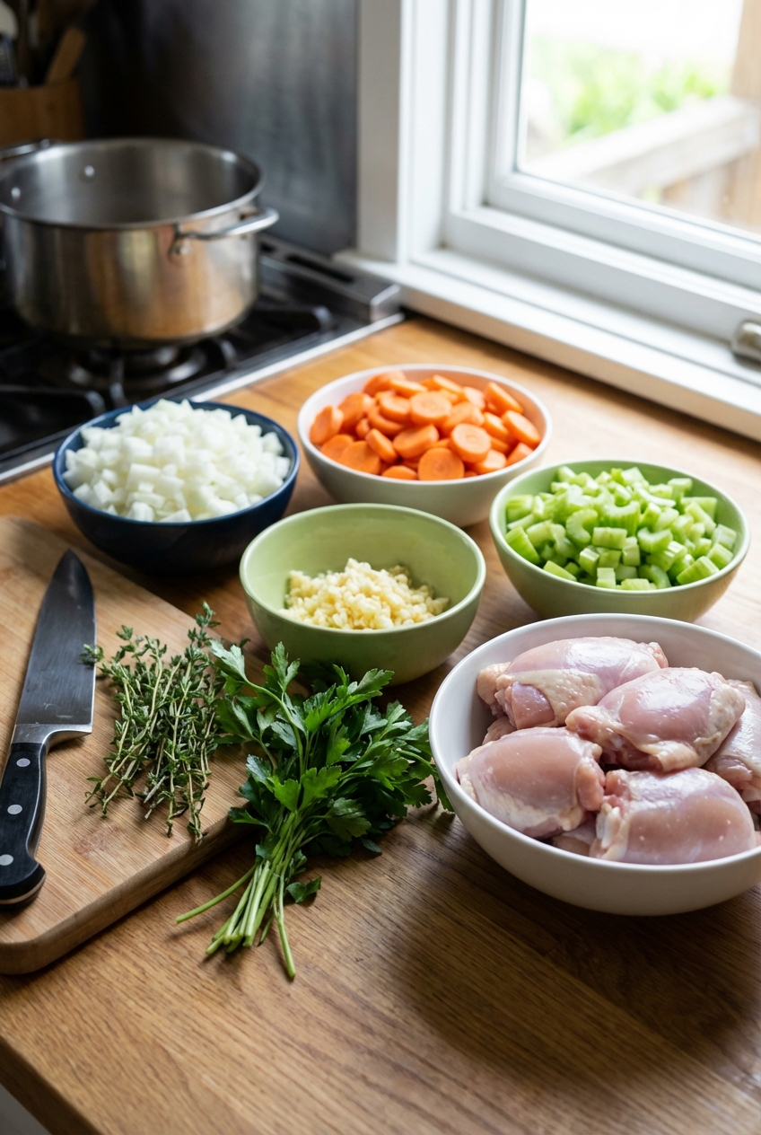 Prepped chicken soup ingredients including diced onion, sliced carrots, celery, garlic, chicken thighs, and herbs on a kitchen counter