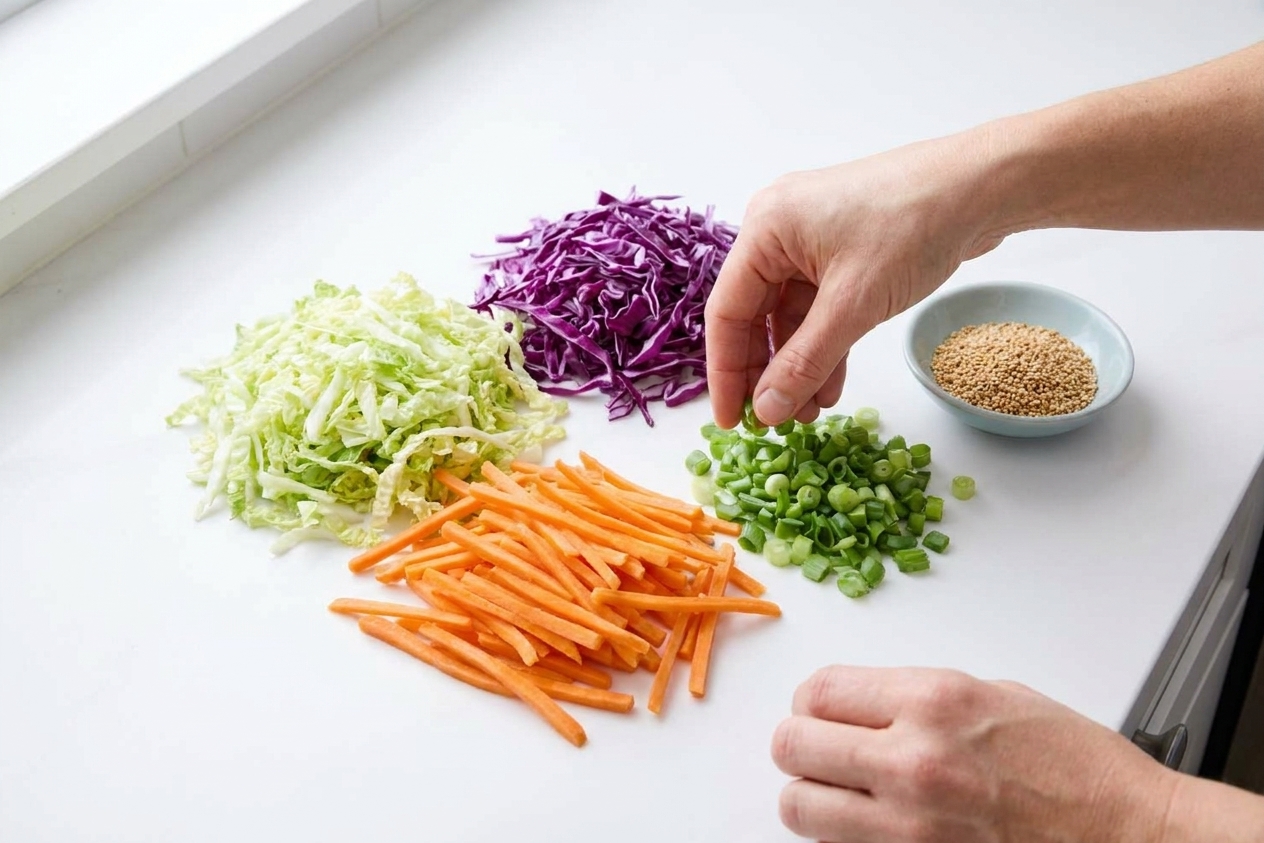 Prepped ingredients for Asian coleslaw including shredded green cabbage, shredded purple cabbage, matchstick carrots, sliced scallions, and a small bowl of toasted sesame seeds on a bright kitchen counter