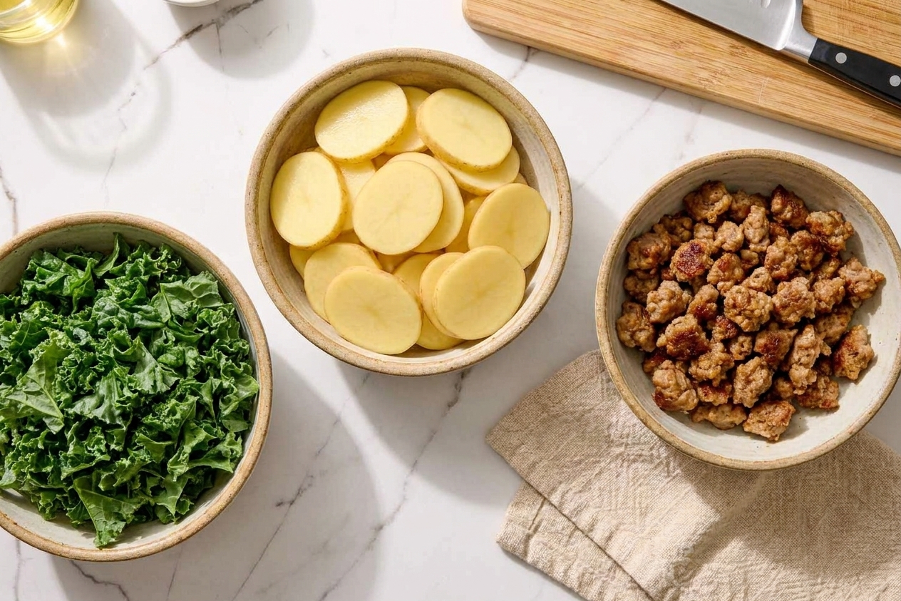 Prepped ingredients for Zuppa Toscana including chopped kale, sliced Yukon Gold potatoes, and browned Italian sausage in separate bowls on a kitchen counter