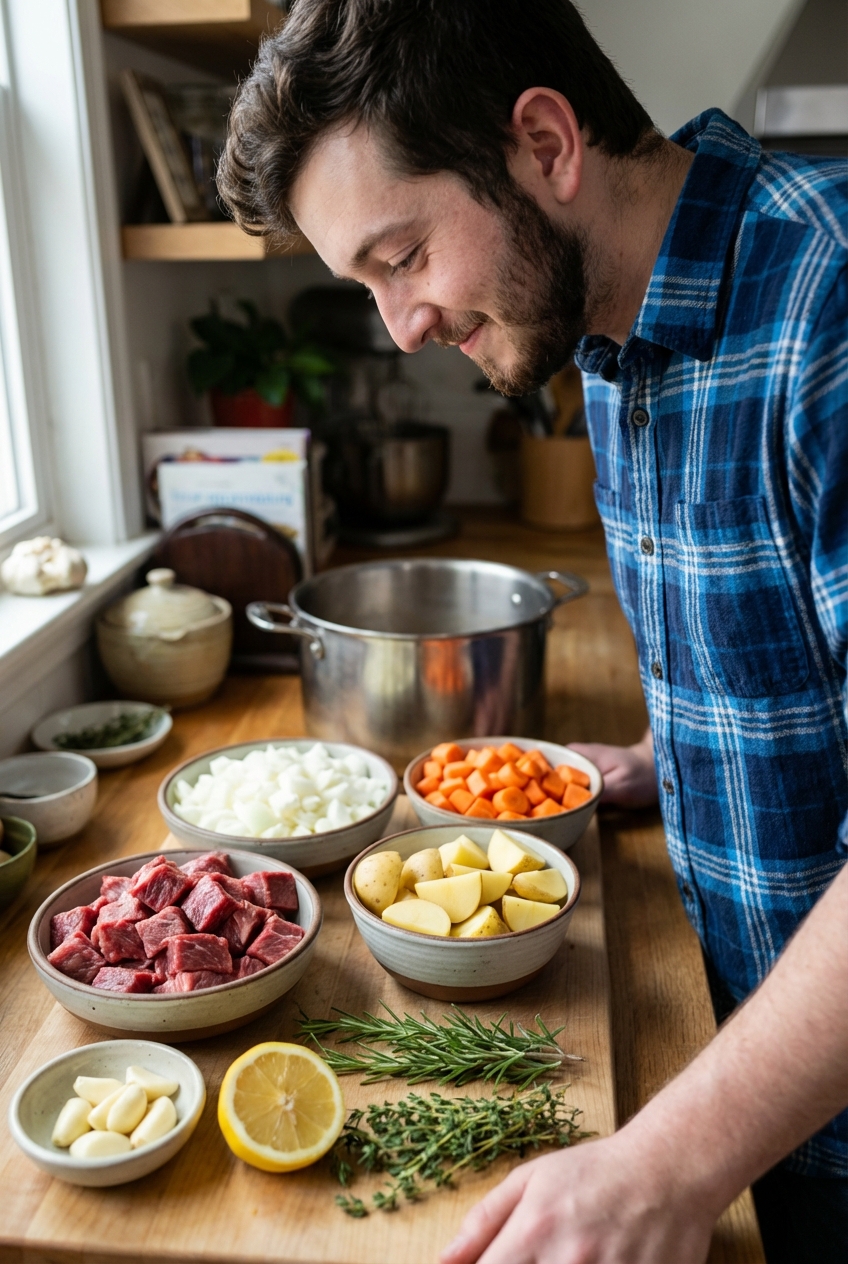 Prepped ingredients for steak stew on a kitchen counter, including cubed beef, chopped onions, carrots, potatoes, garlic, lemon, and fresh herbs in small bowls