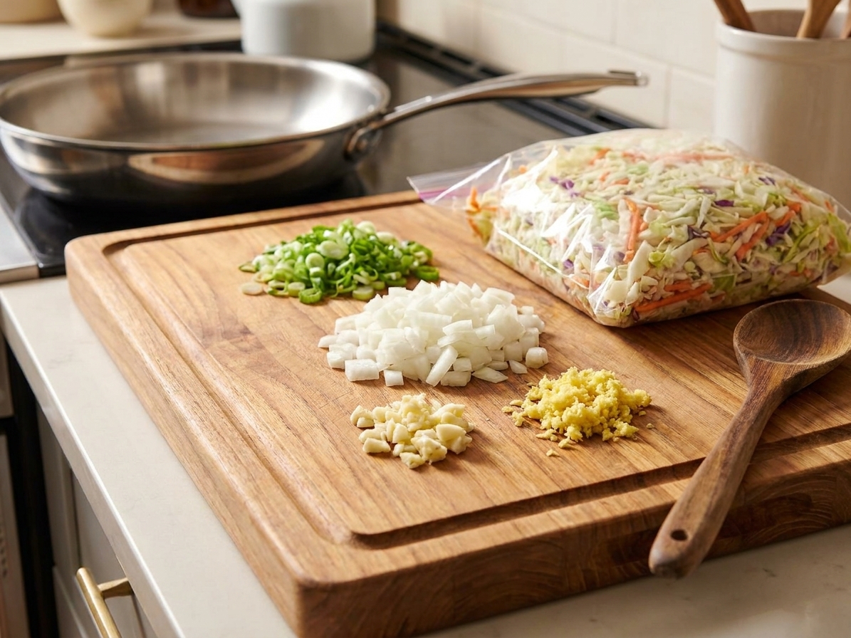 Prepped ingredients on a cutting board including sliced green onions, diced onion, minced garlic, grated ginger, and a bag of coleslaw mix on a kitchen counter