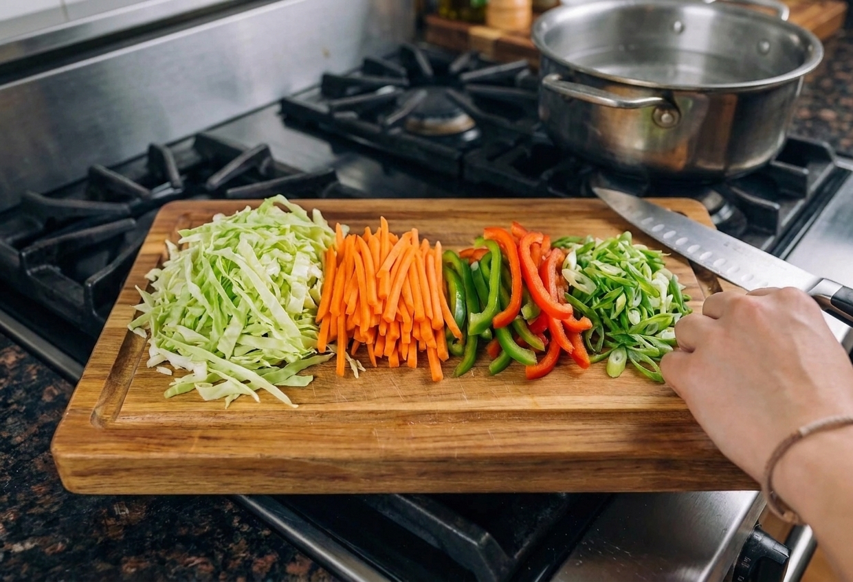 Prepped lo mein vegetables including shredded cabbage, matchstick carrots, sliced bell pepper, and sliced scallions arranged in piles on a cutting board