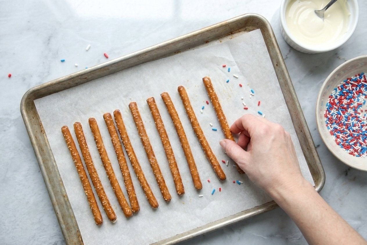 Pretzel rods laid out on parchment paper on a sheet pan, ready for dipping