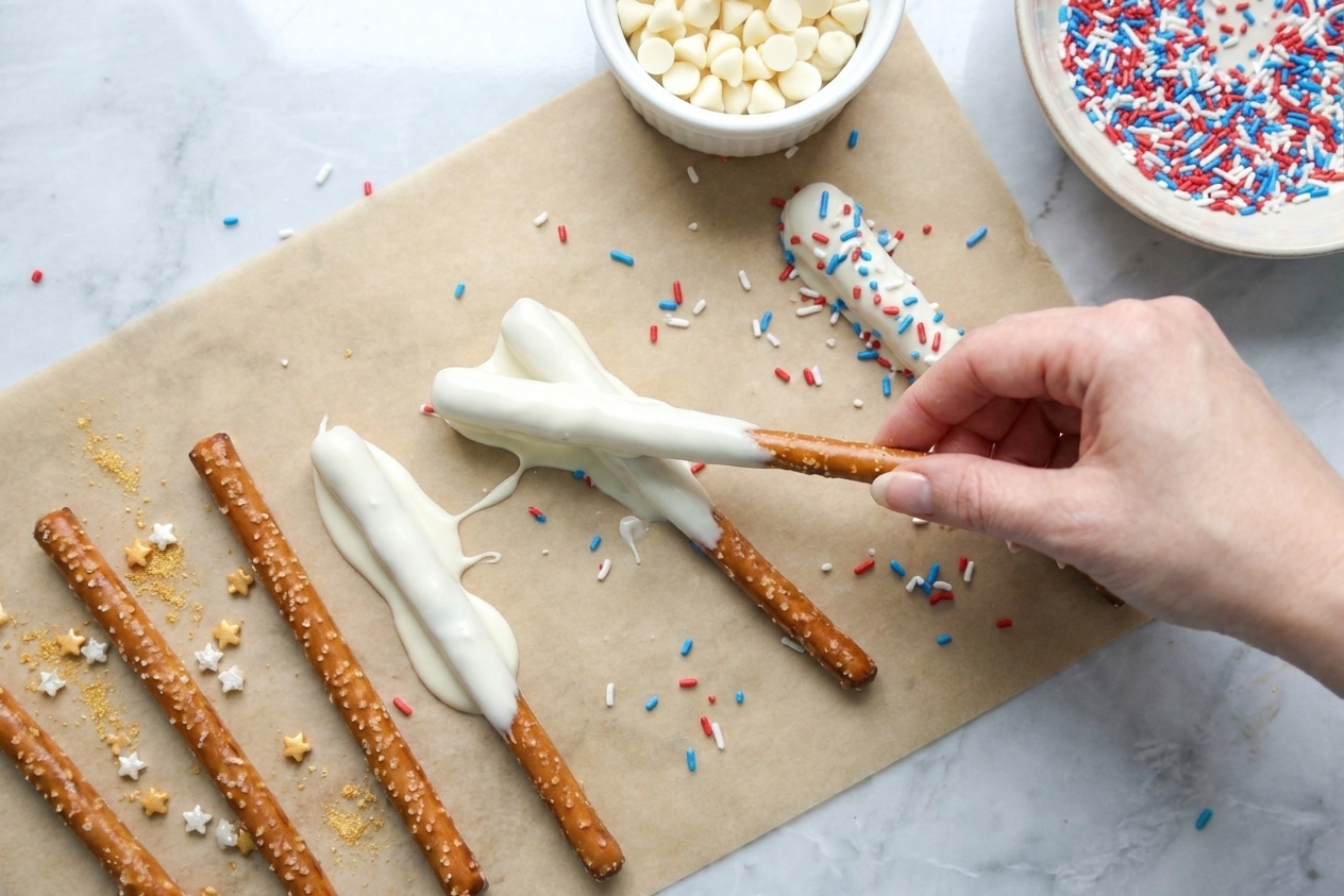 Pretzel rods, white chocolate chips, and assorted red, white, and blue sprinkles arranged on a kitchen counter with parchment paper