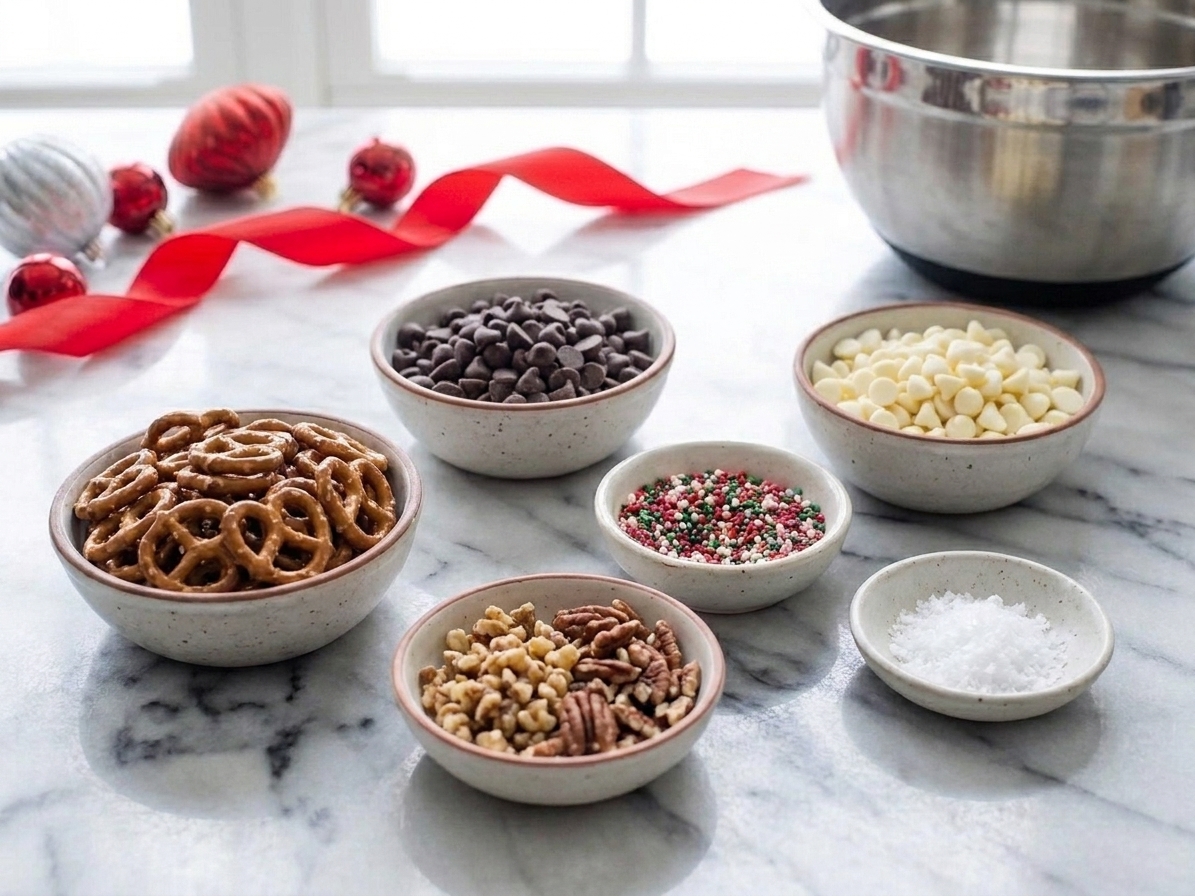Pretzel twists, semi-sweet chocolate chips, white chocolate chips, sprinkles, chopped nuts, and flaky salt arranged in small bowls on a kitchen counter