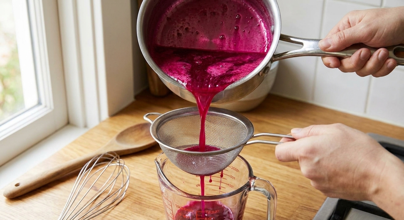 Prickly pear syrup being poured through a fine mesh strainer into a glass measuring cup on a kitchen counter