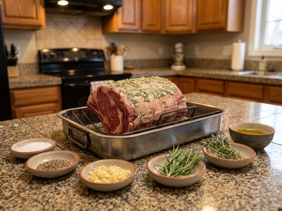 Prime rib roast on a tray with small bowls of kosher salt, black pepper, minced garlic, rosemary, thyme, and olive oil arranged on a kitchen counter