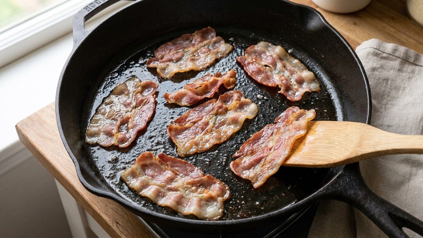 Prosciutto pieces sizzling and turning crisp in a dark skillet on a stovetop