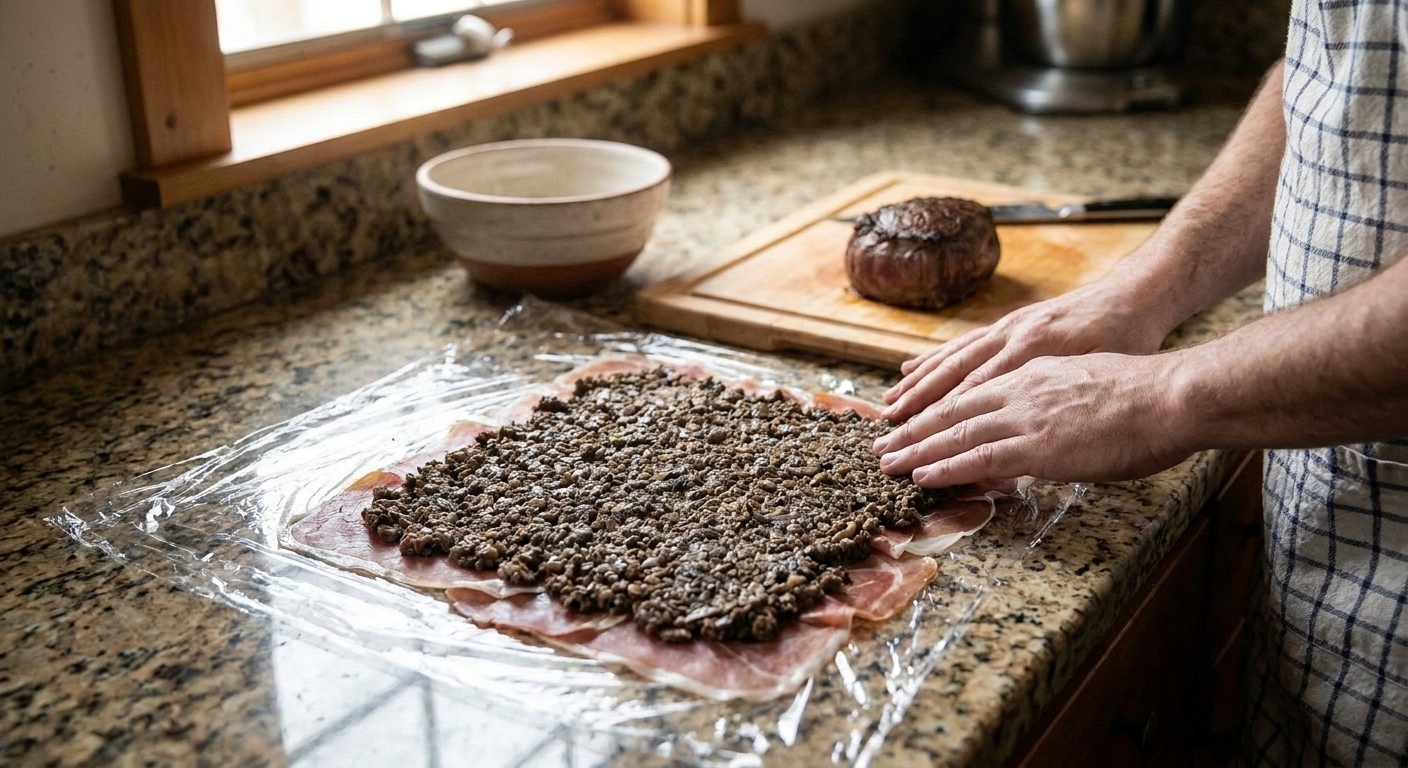 Prosciutto slices laid on plastic wrap with a layer of mushroom duxelles, ready to roll around a beef tenderloin on a kitchen counter
