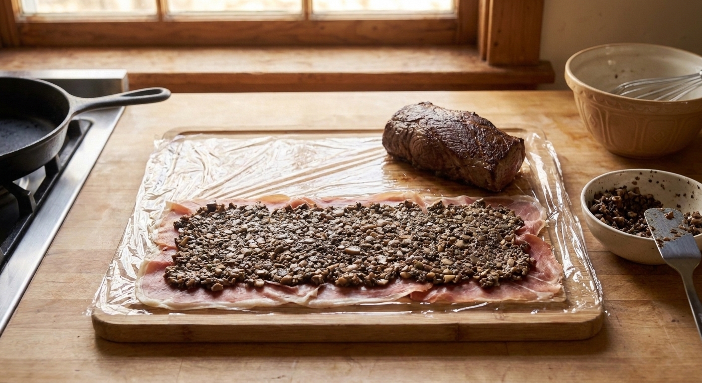 Prosciutto slices overlapped on plastic wrap on a cutting board, with a layer of mushroom duxelles spread evenly across, ready to wrap around beef