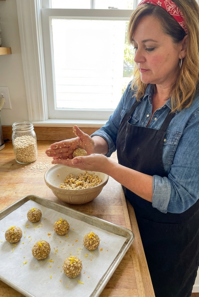 Protein ball mixture being rolled into small balls on a parchment-lined tray