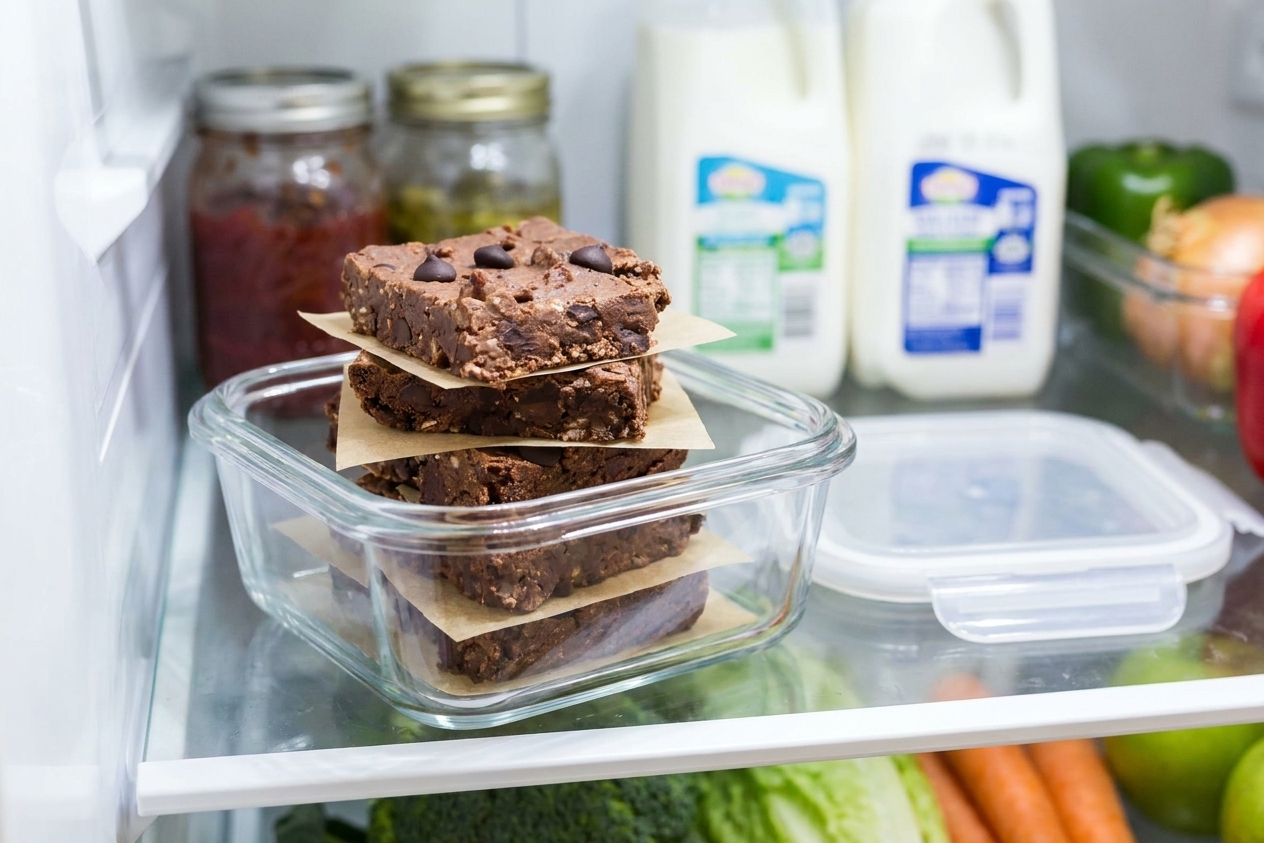 Protein brownie squares stacked in an airtight container with parchment paper between layers on a refrigerator shelf