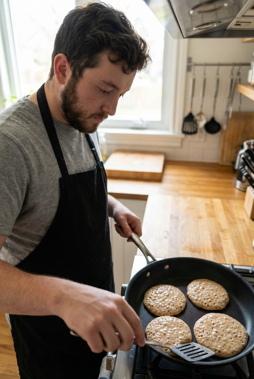 Protein pancakes cooking on a nonstick skillet with bubbles forming on the surface before flipping