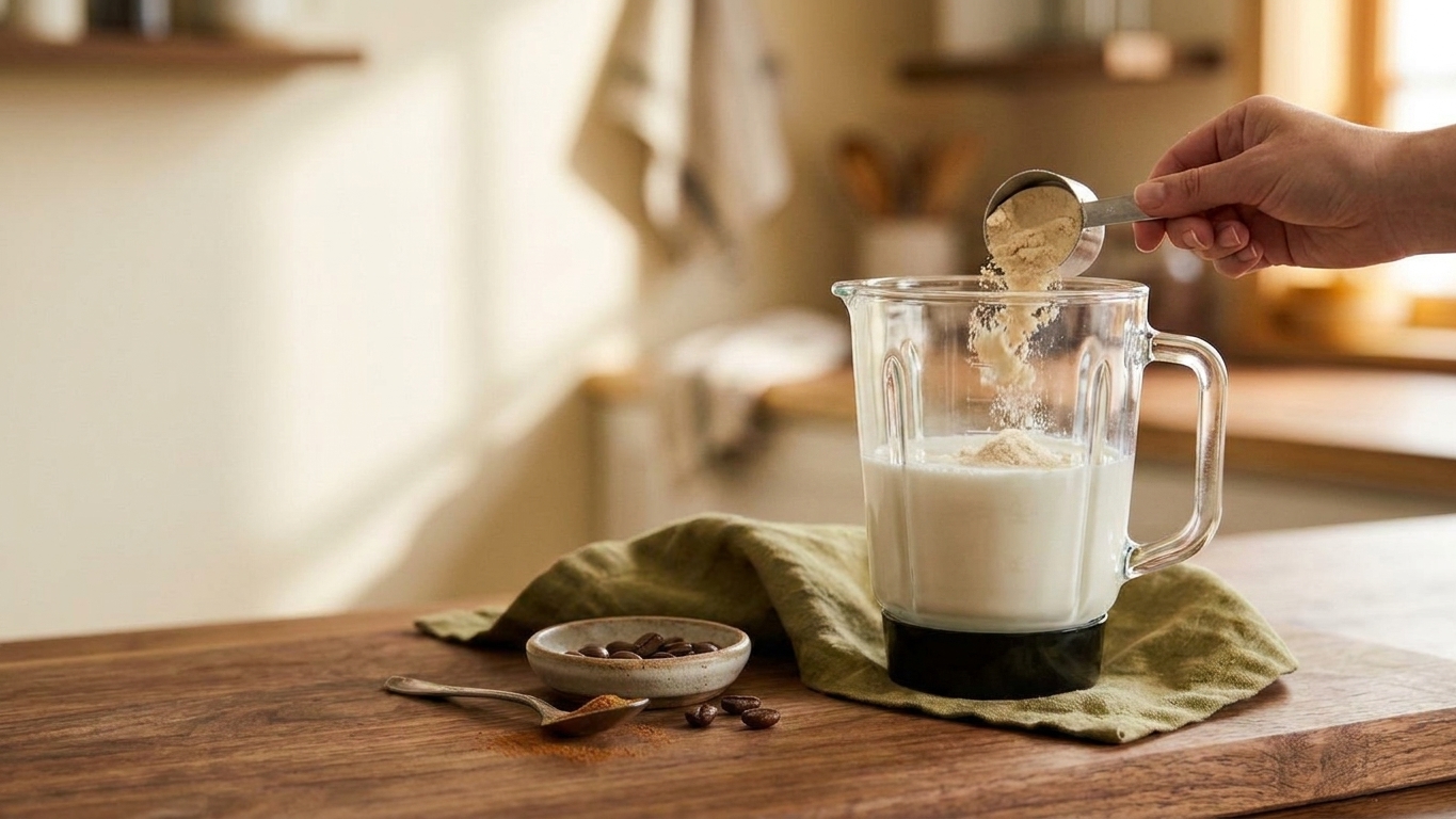 Protein powder being added to milk in a blender jar on a kitchen counter