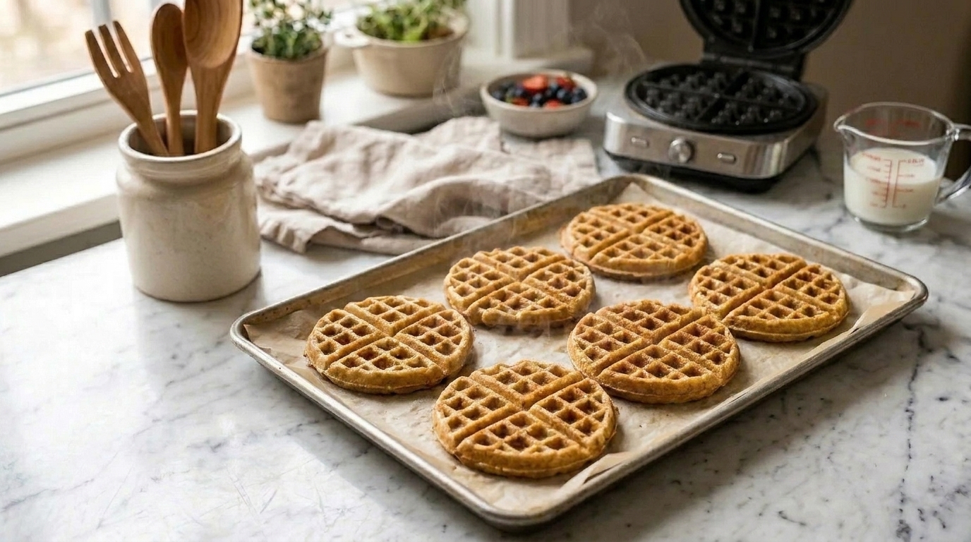 Protein waffles cooling and freezing in a single layer on a parchment lined sheet pan on a kitchen counter