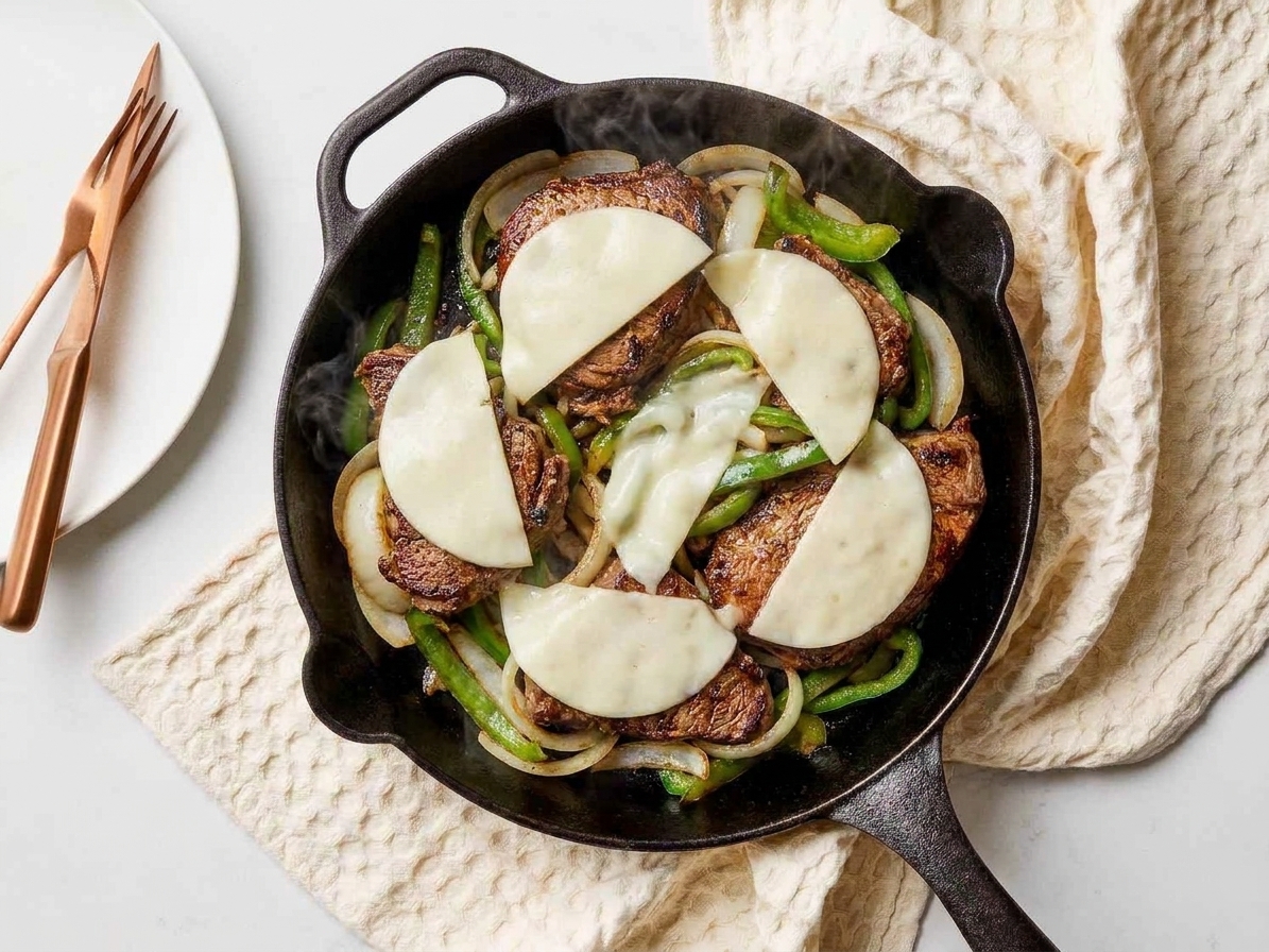 Provolone slices melting over a skillet of steak, onions, and peppers with steam rising