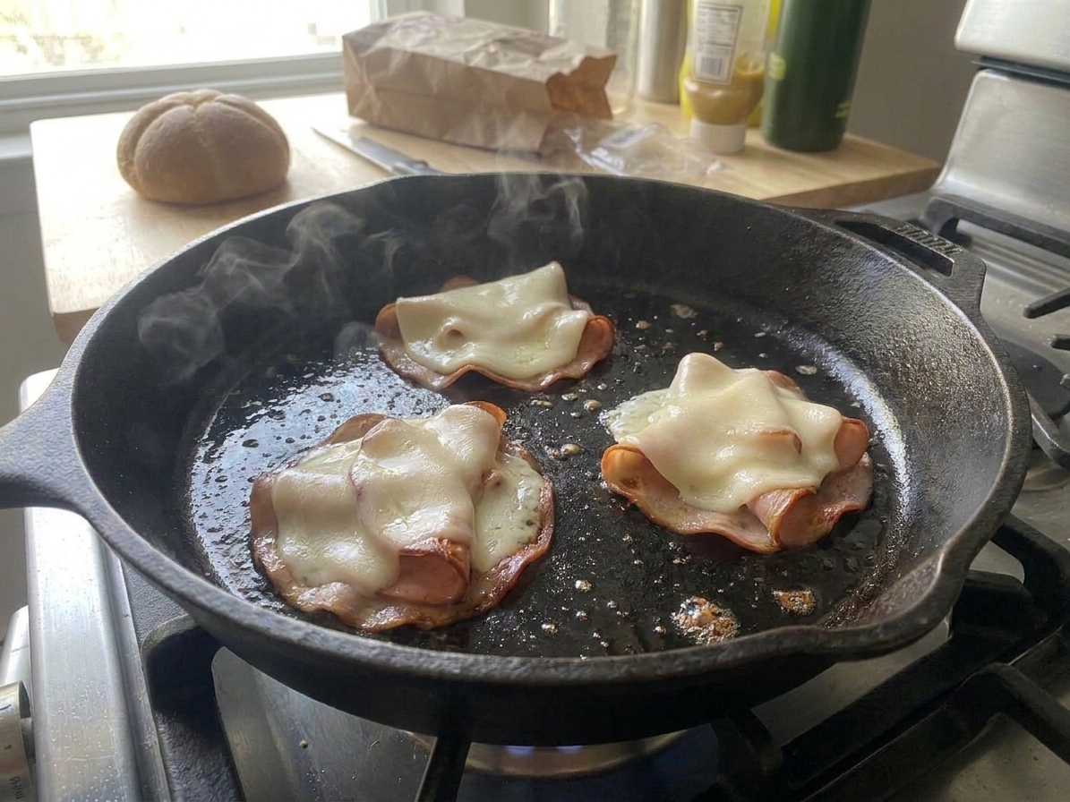 Provolone slices melting over browned mortadella piles in a hot skillet
