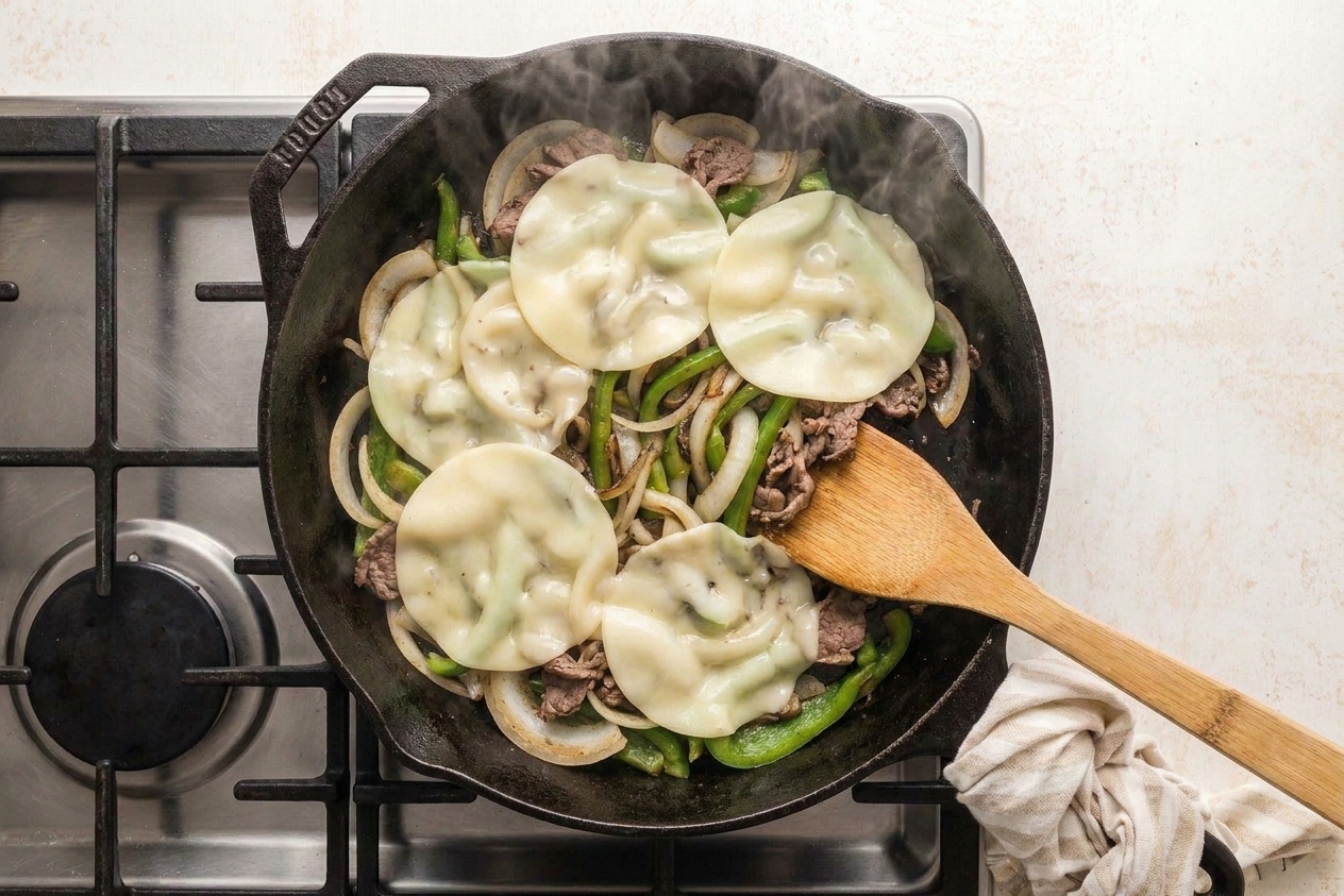 Provolone slices melting over cooked shaved steak, onions, and peppers in a skillet with steam rising
