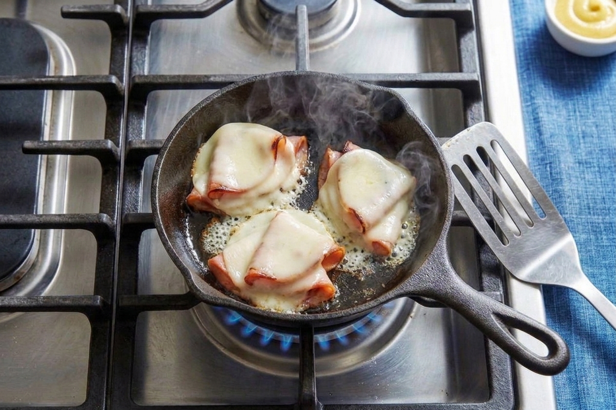 Provolone slices melting over crisped mortadella piles in a hot skillet