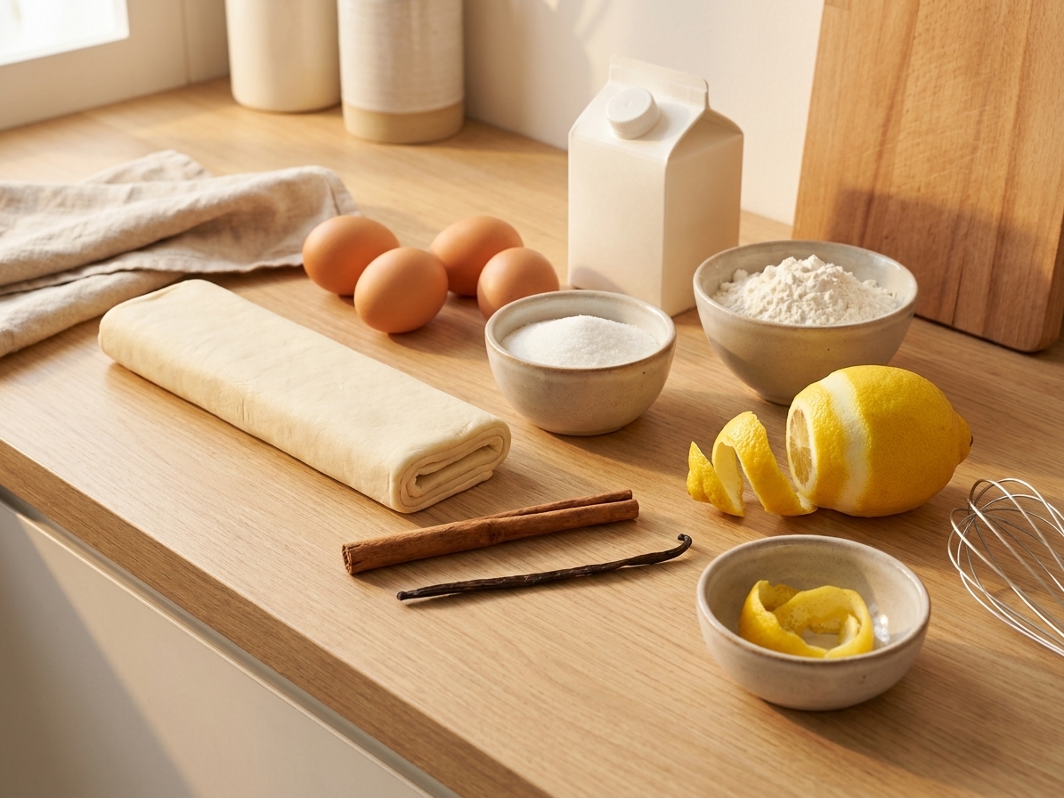 Puff pastry, eggs, milk, sugar, flour, lemon peel, cinnamon stick, and vanilla laid out on a clean kitchen counter with warm natural light