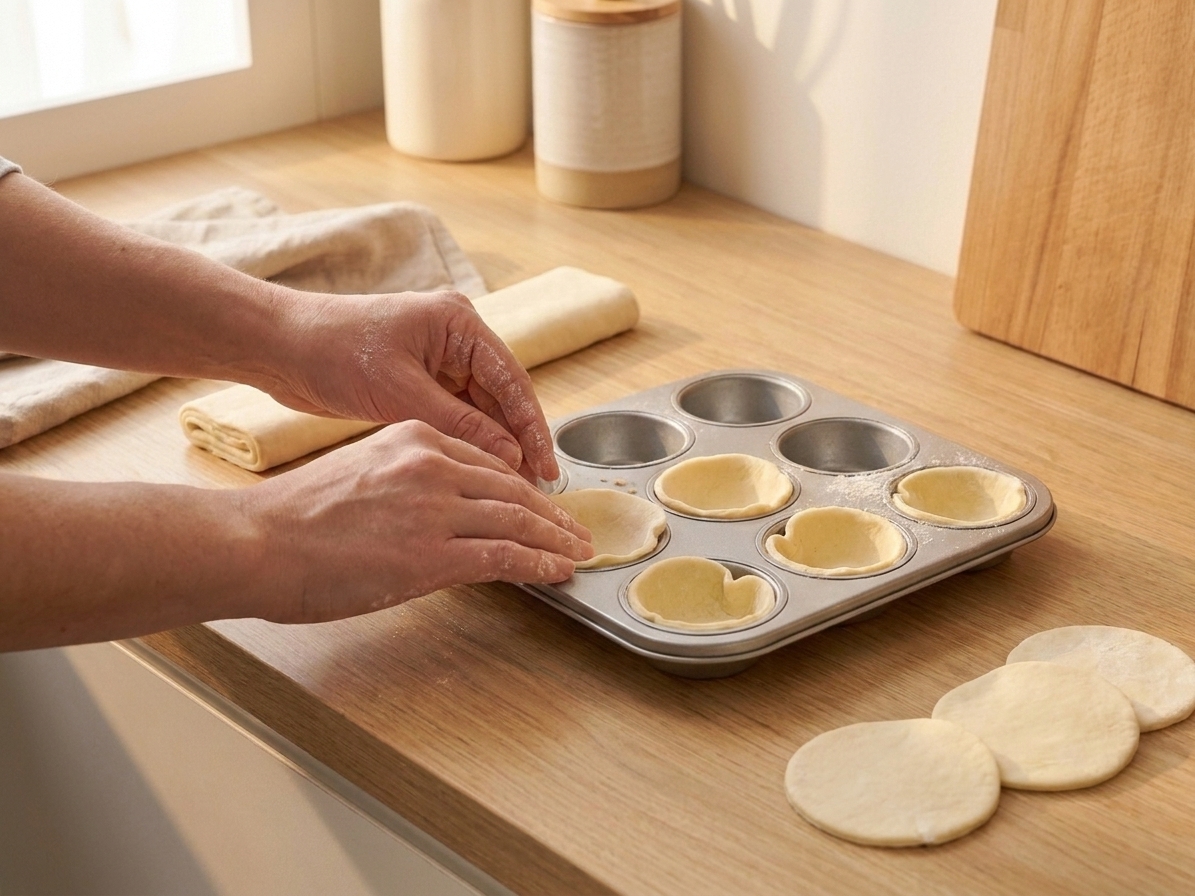 Puff pastry rounds being pressed into a muffin tin to form thin pastry cups on a kitchen counter