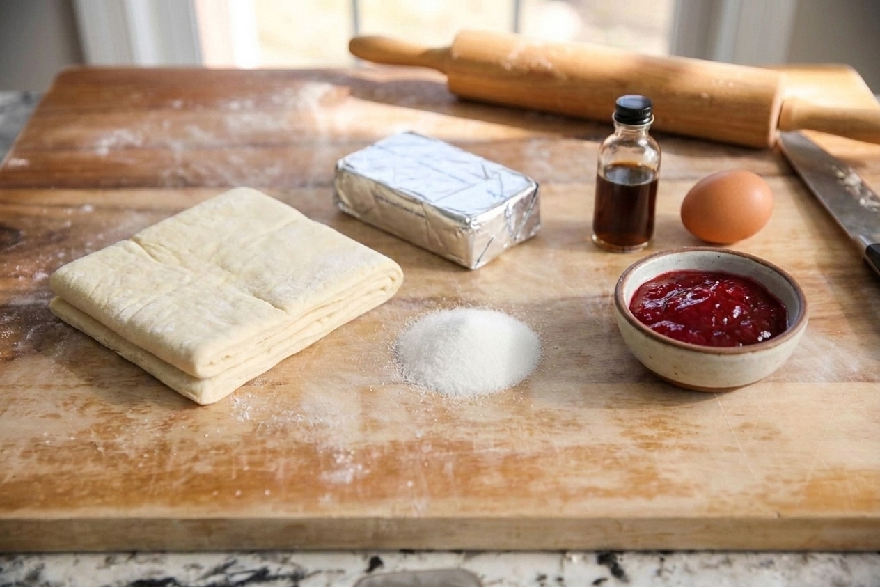 Puff pastry sheets, blocks of cream cheese, sugar, vanilla, an egg, and a small bowl of jam arranged on a clean kitchen counter with soft natural light