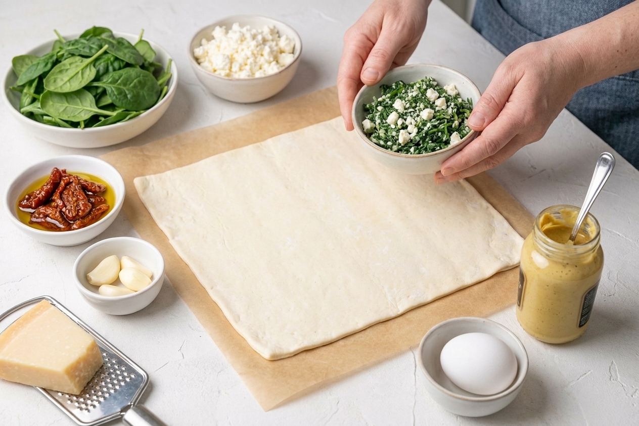 Puff pastry sheets, fresh spinach, feta, sun-dried tomatoes, garlic, Parmesan, egg, and Dijon mustard arranged on a light kitchen counter