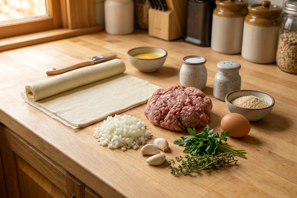 Puff pastry sheets, ground sausage, onion, garlic, herbs, egg, breadcrumbs, and seasonings arranged on a clean kitchen counter in consistent warm lighting