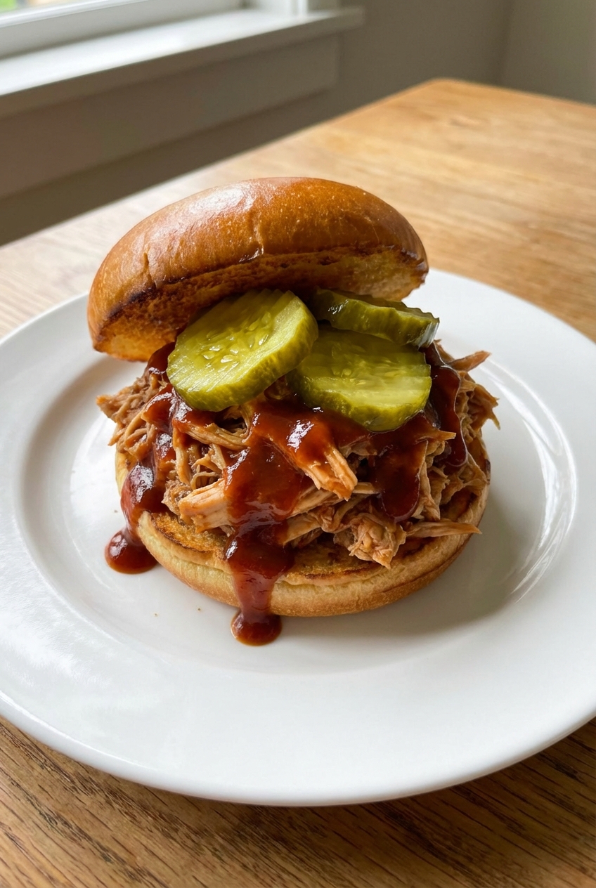 Pulled BBQ chicken piled on a toasted bun with pickles and a drizzle of sauce on a plate