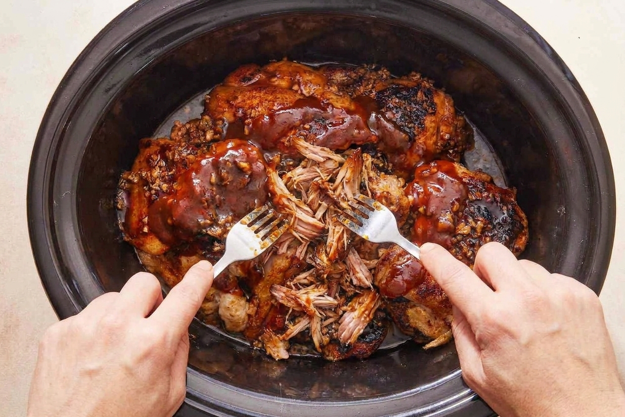 Pulled pork being shredded with forks and mixed with sauce