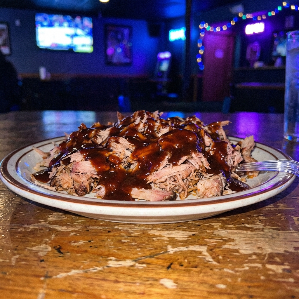 Pulled pork piled on a plate with barbecue sauce