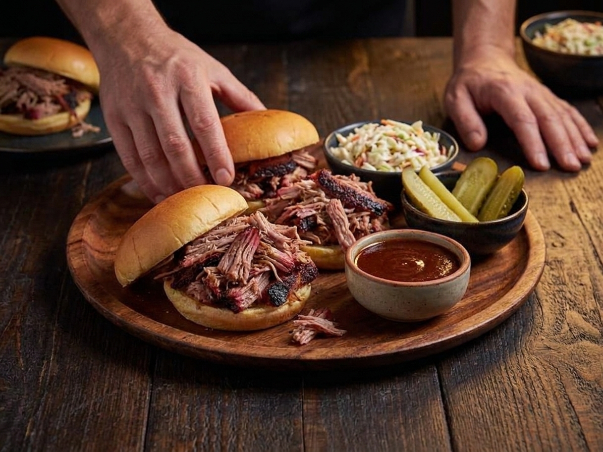 Pulled pork sandwiches on potato rolls arranged on a platter with pickles, coleslaw, and a small bowl of barbecue sauce on a dinner table