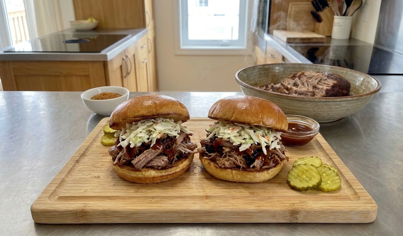 Pulled pork sandwiches on soft buns with coleslaw and pickle chips, set on a simple wooden table in a bright home kitchen