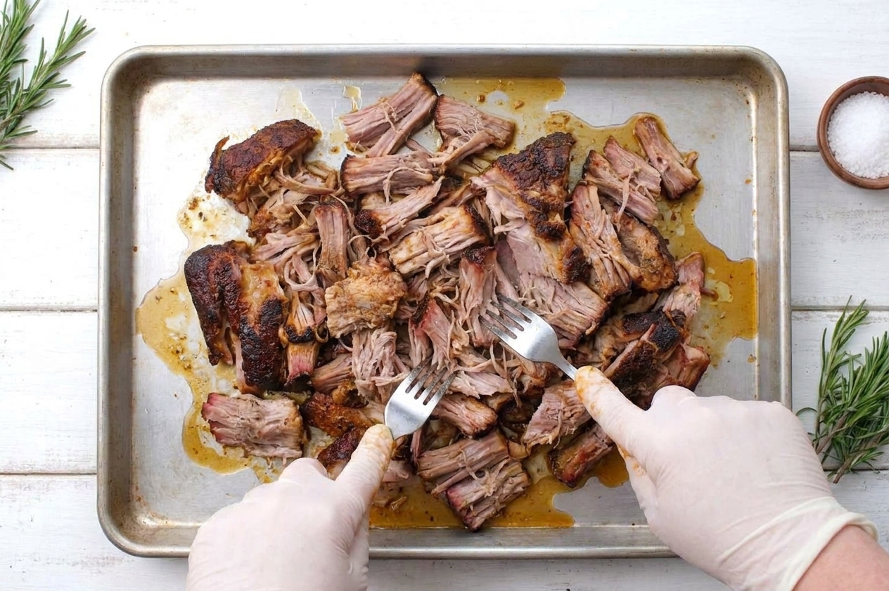 Pulled pork shoulder resting on a rimmed baking sheet, shredded into chunky strands