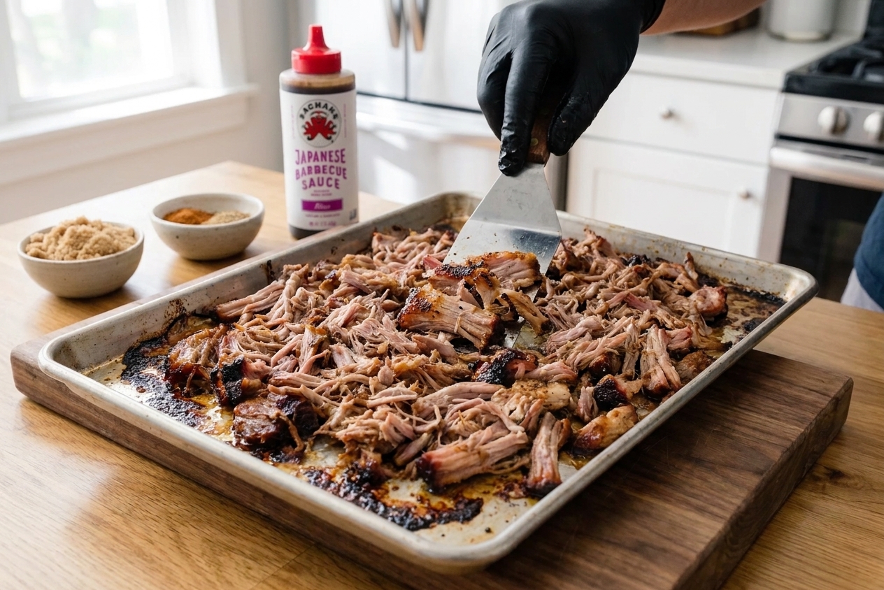 Pulled pork spread on a sheet pan with caramelized crispy edges forming