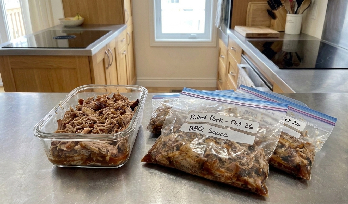 Pulled pork stored in a clear airtight container with a little sauce, sitting on a clean home-kitchen counter next to labeled freezer bags