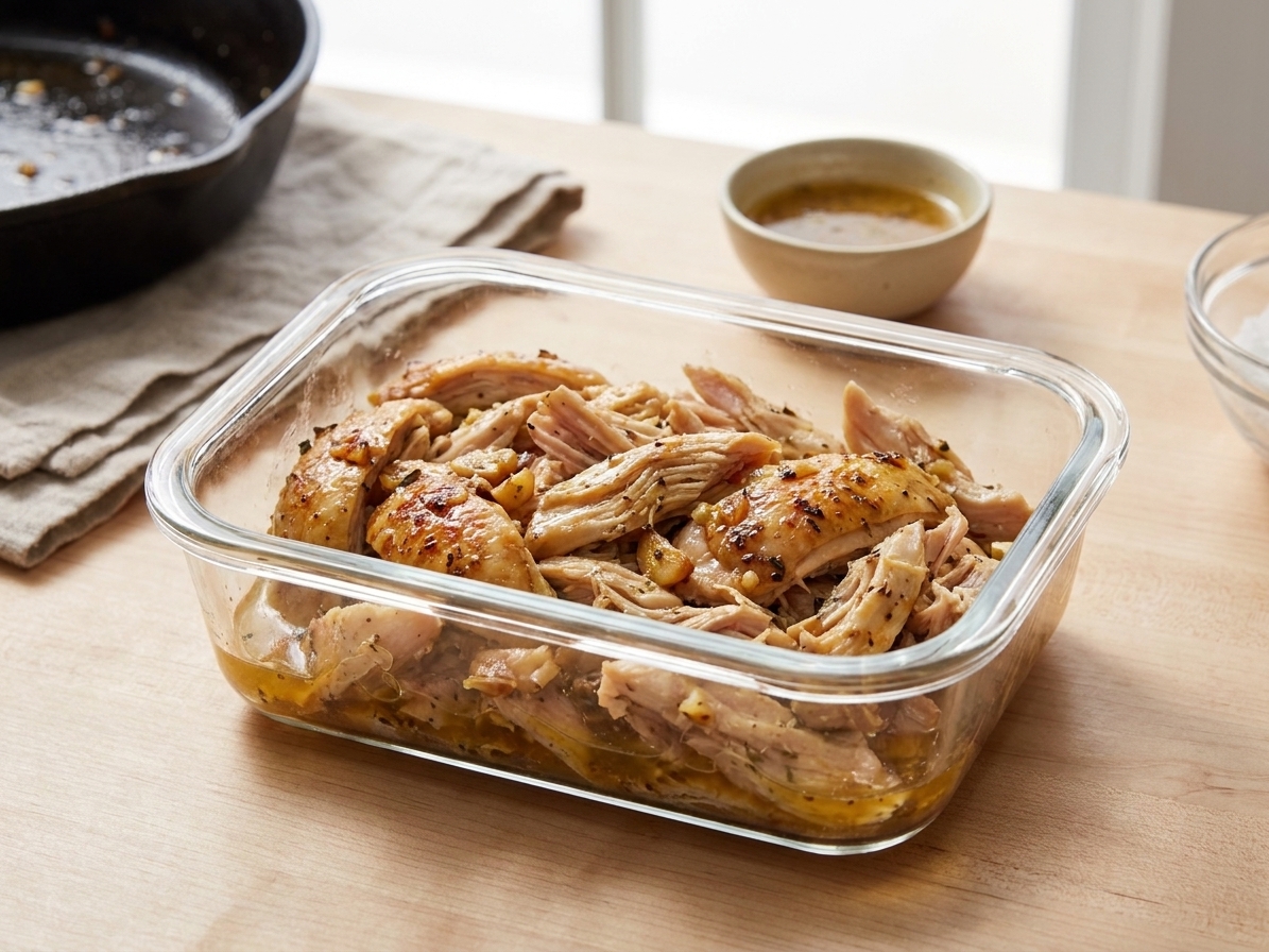 Pulled roasted chicken stored in a glass meal prep container with a little pan juice, set on a clean kitchen counter