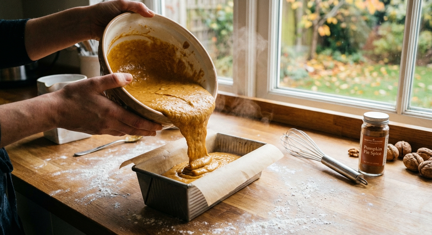 Pumpkin bread batter being poured into a parchment-lined loaf pan on a kitchen counter