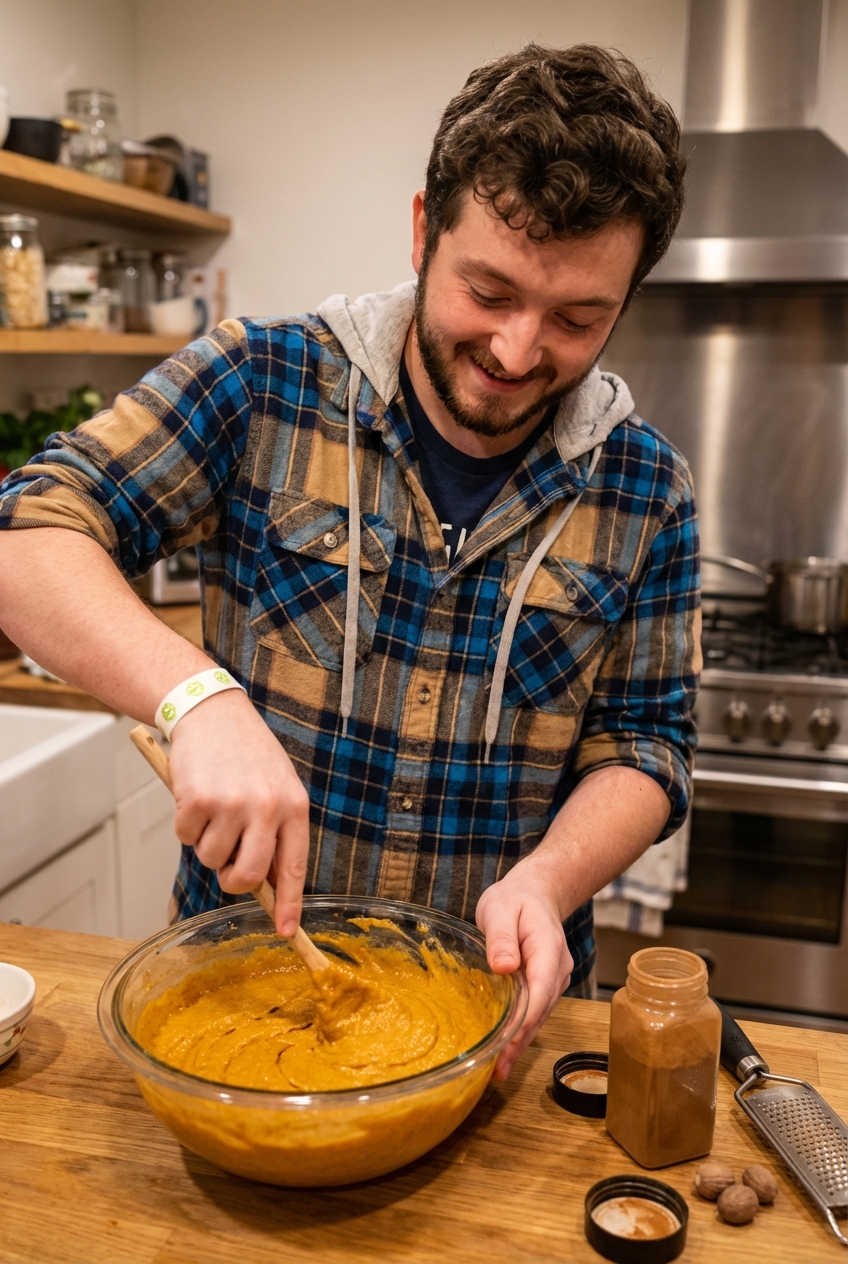 Pumpkin bread batter being stirred in a glass bowl with cinnamon and nutmeg on the counter