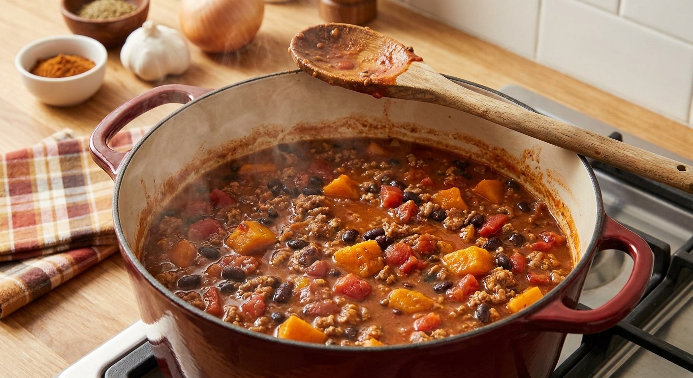 Pumpkin chili gently simmering in a Dutch oven on a stovetop with a wooden spoon resting on the rim