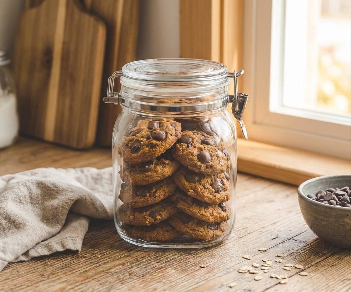 Pumpkin chocolate chip cookies stacked in an airtight container on a kitchen counter