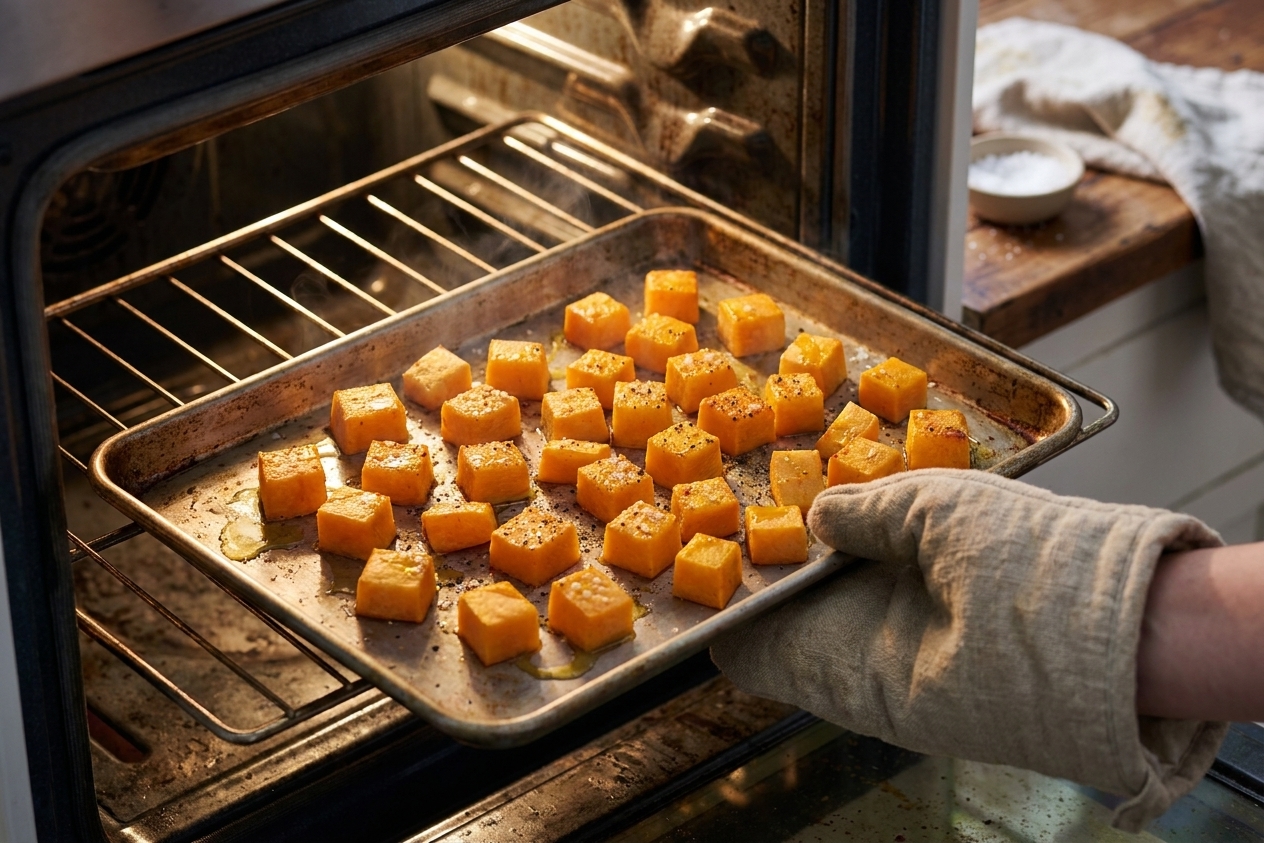 Pumpkin chunks roasting on a sheet pan in a home oven with lightly browned edges