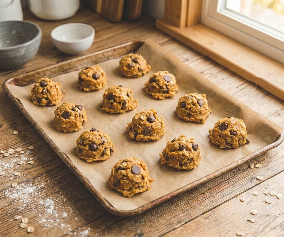 Pumpkin cookie dough scoops spaced on a parchment-lined baking sheet ready to go into the oven